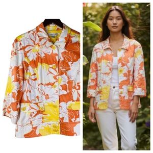 Coldwater Creek 16 XL Blazer Jacket Coat Floral Tropical Orange White Yellow